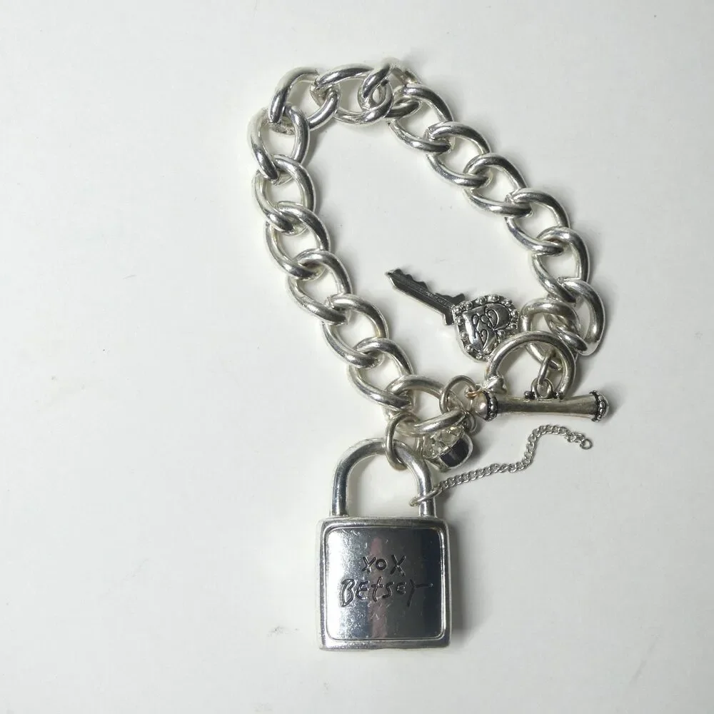 Betsey Johnson Padlock Chain Bracelet Silvertone Rhinestone